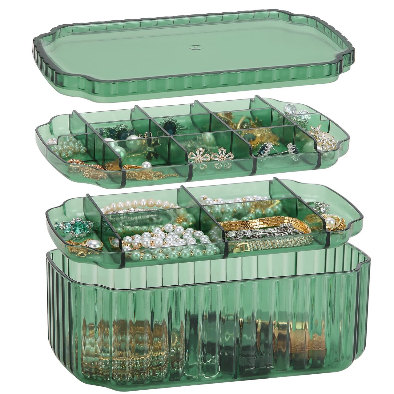 3 Layer Jewelry Organizer Box for Earrings, Rings, Necklaces, Bracelets, Clear Plastic Bead Storage Containers for Crafts (Green)